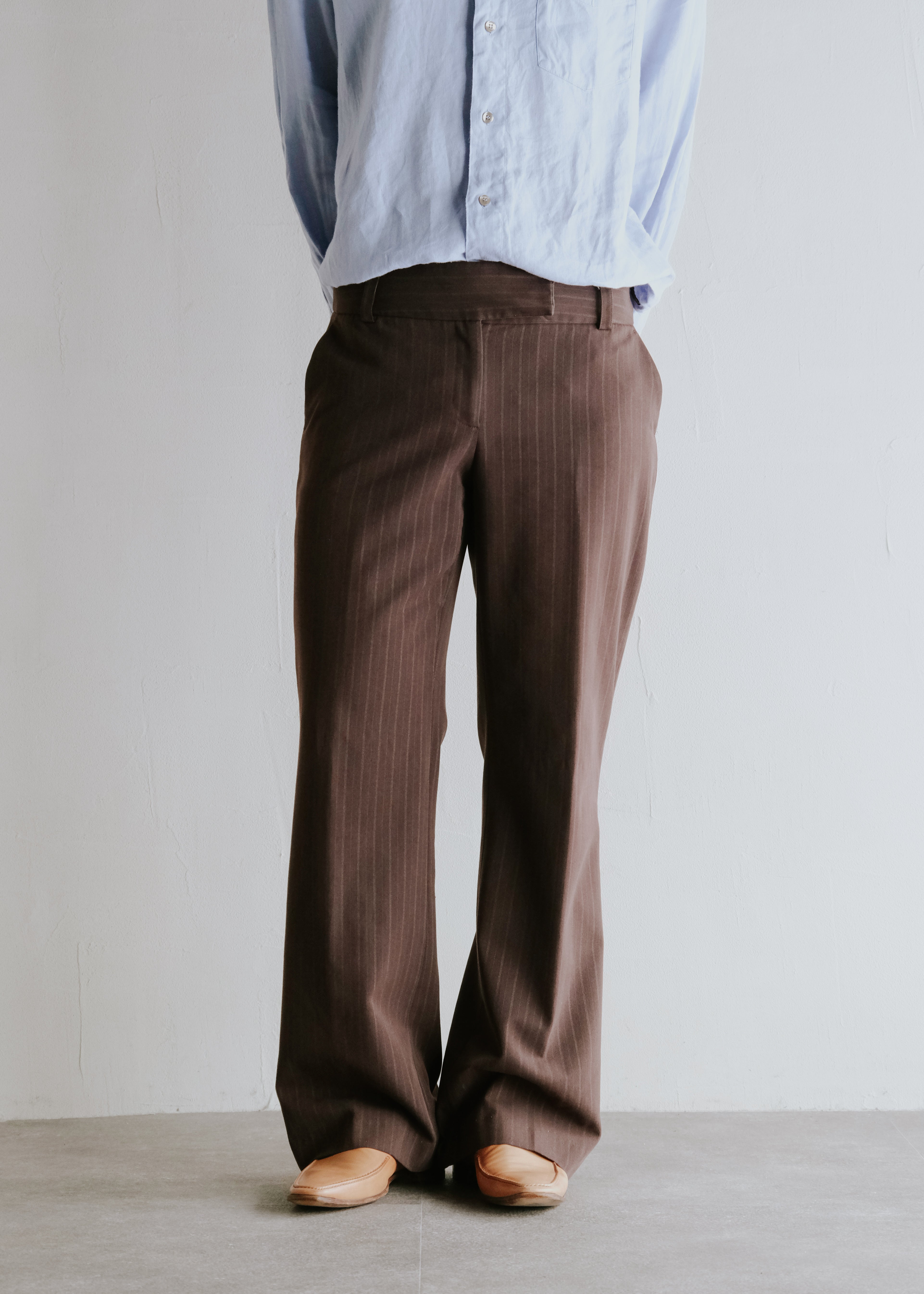Low rised stripe wide semi flare slacks