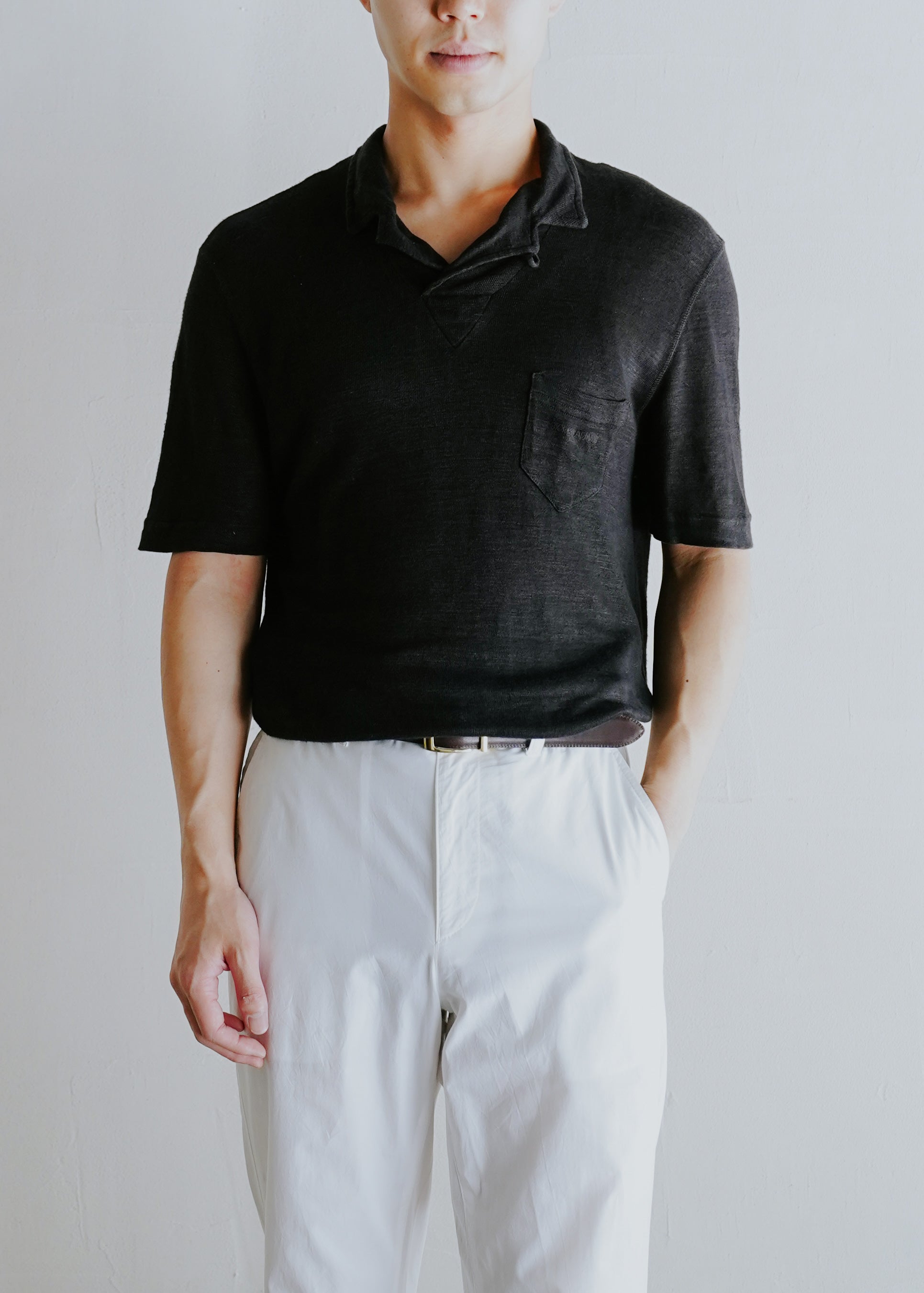 90's GIORGIO ARMANI asymmetric neck linen polo shirt