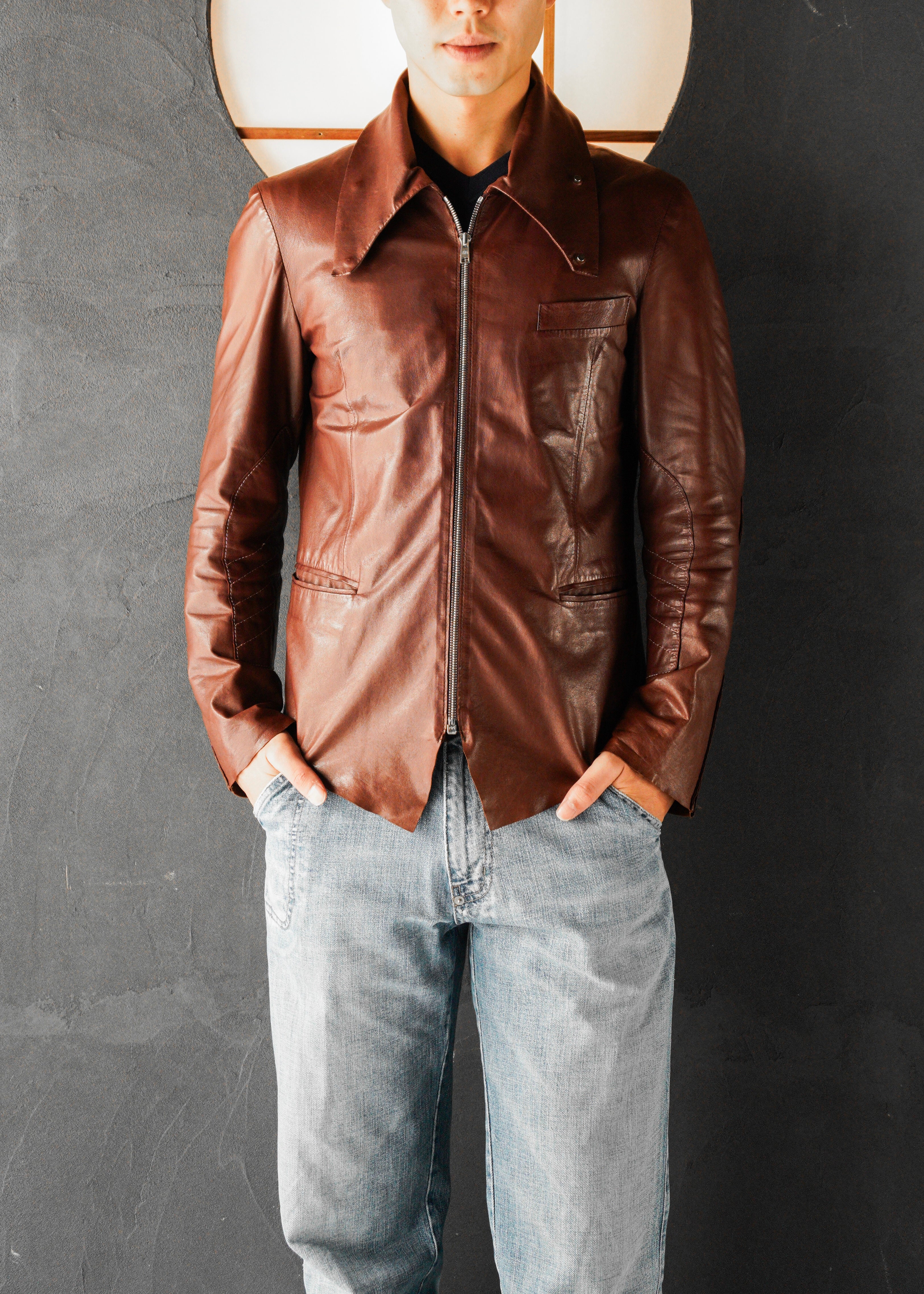 Paul Smith Asymmetrical Collar Leather Jacket in Burgundy