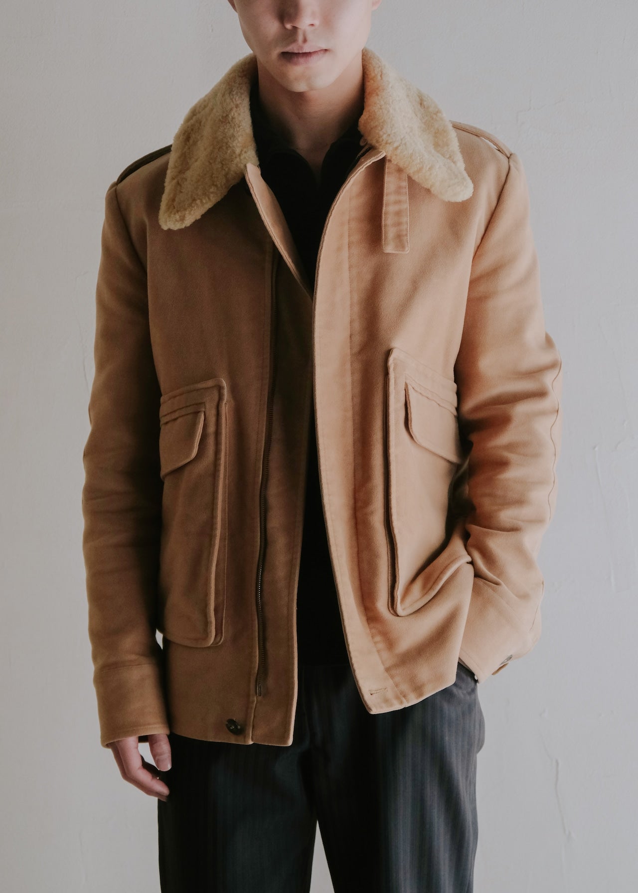 00's A.P.C. detachable boa stand collar moleskin blouson