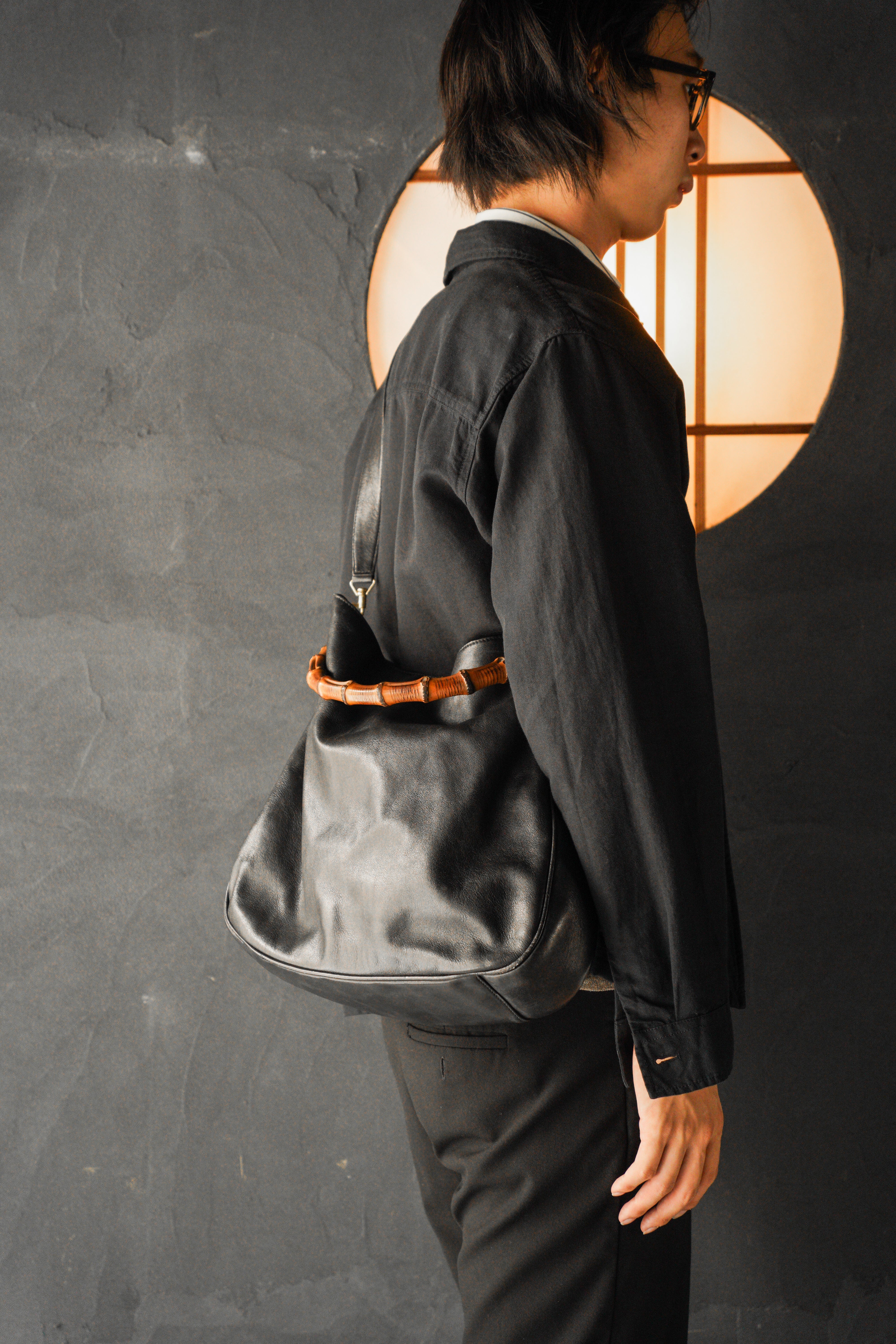 90-00’s GUCCI bamboo handle 2 way leather shoulder bag