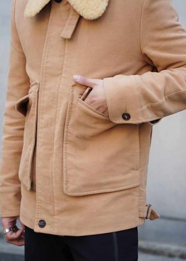 00's A.P.C. detachable boa stand collar moleskin blouson