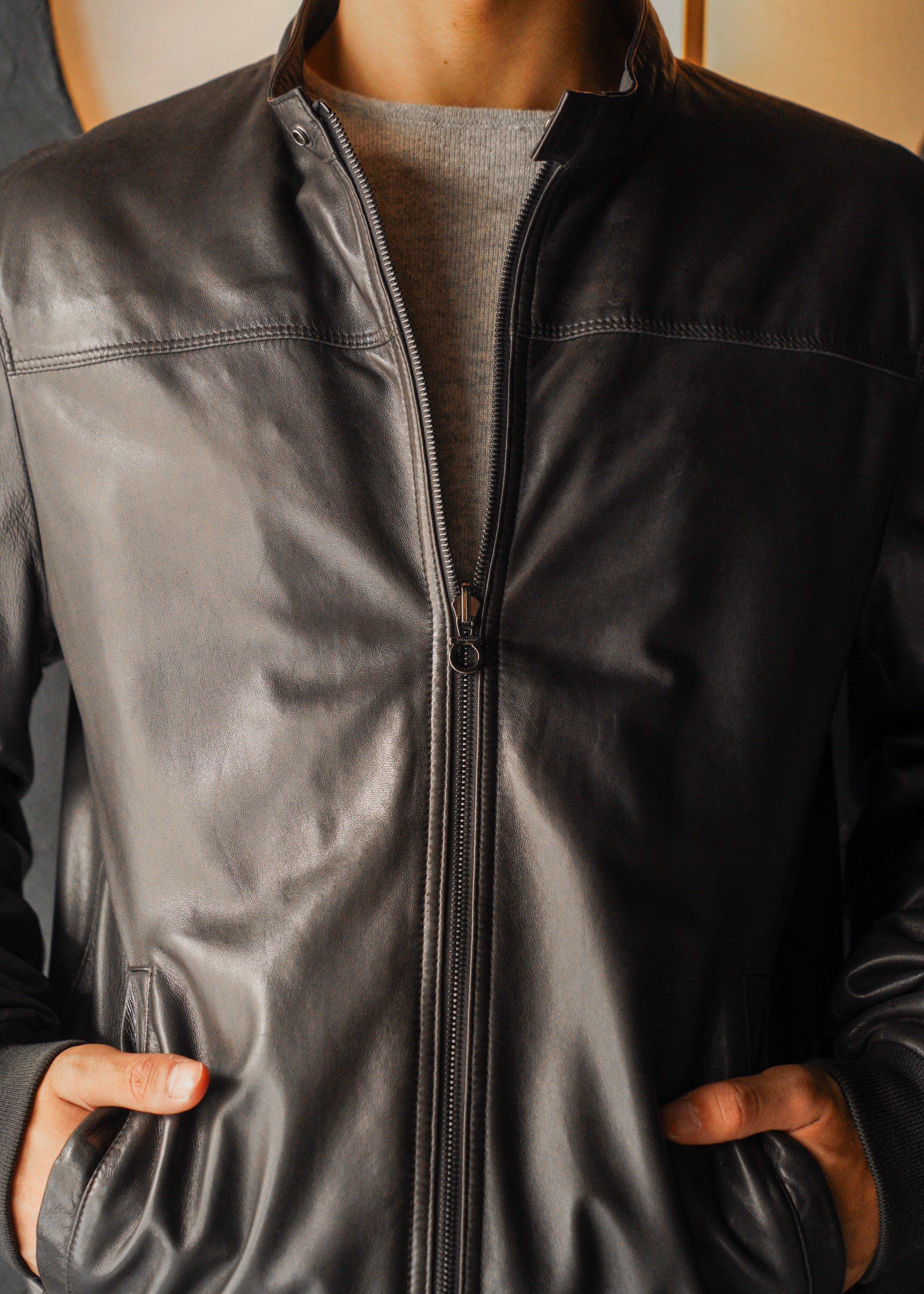 90’s Salvatore Ferragamo reversible single zip up leather jacket