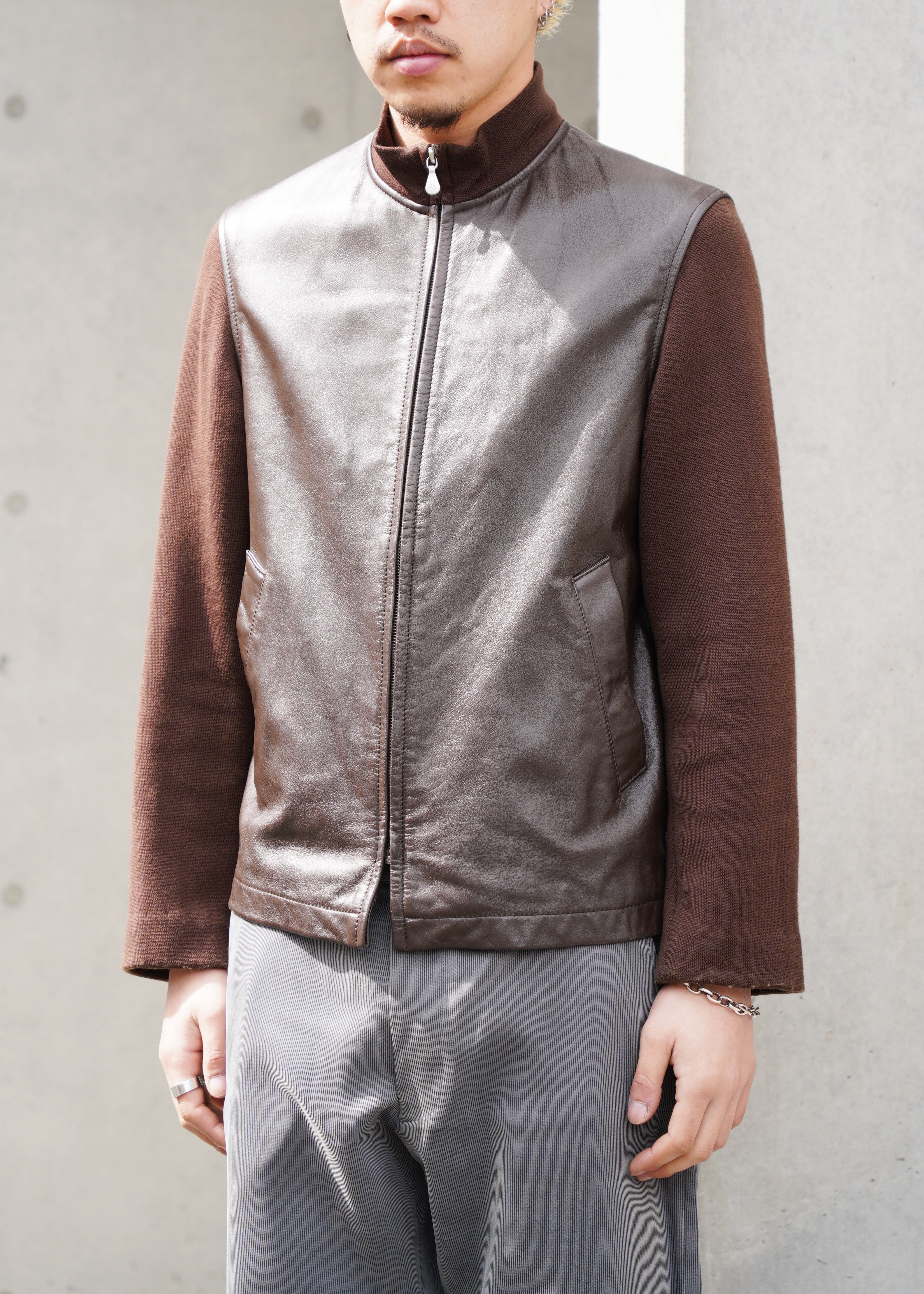 PAUL SMITH ポールスミス 90年代 カウレザー ニットジャケット 本革 切り替え ヴィンテージ メンズ 古着