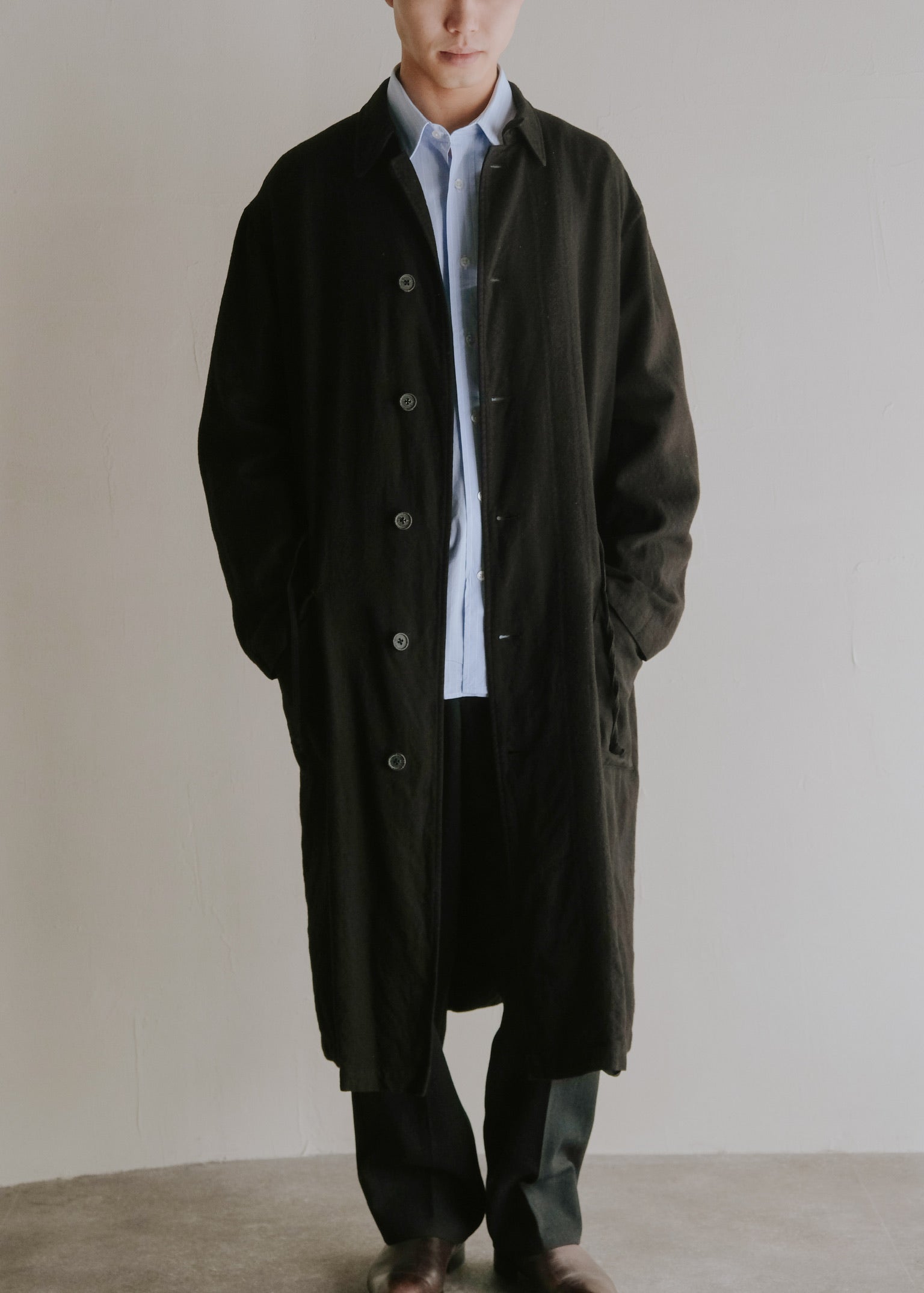 00's Y’s for men washed wool drawstring long balmacaan coat