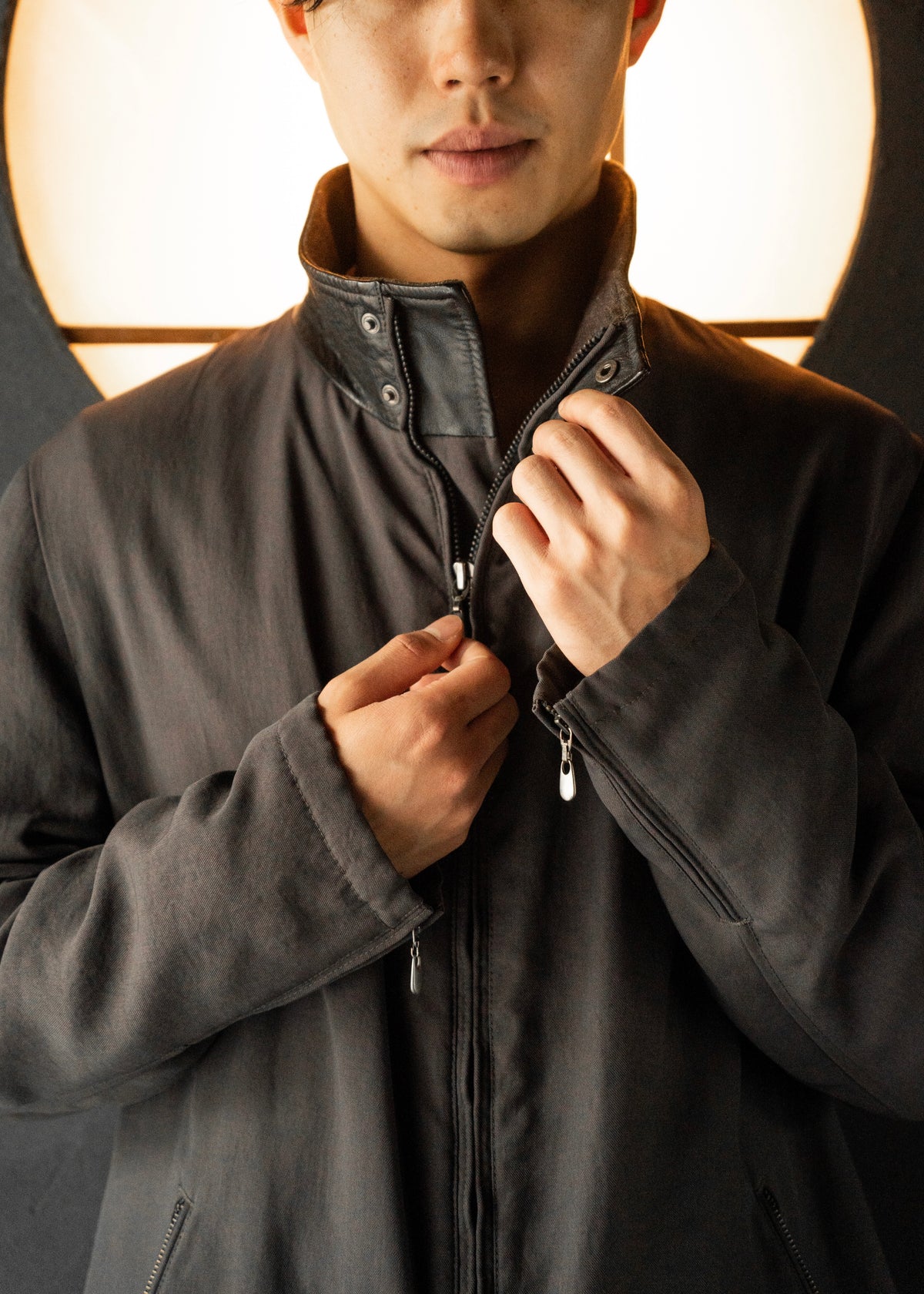 ARMANI COLLETIONI leather stand collar zip up coat