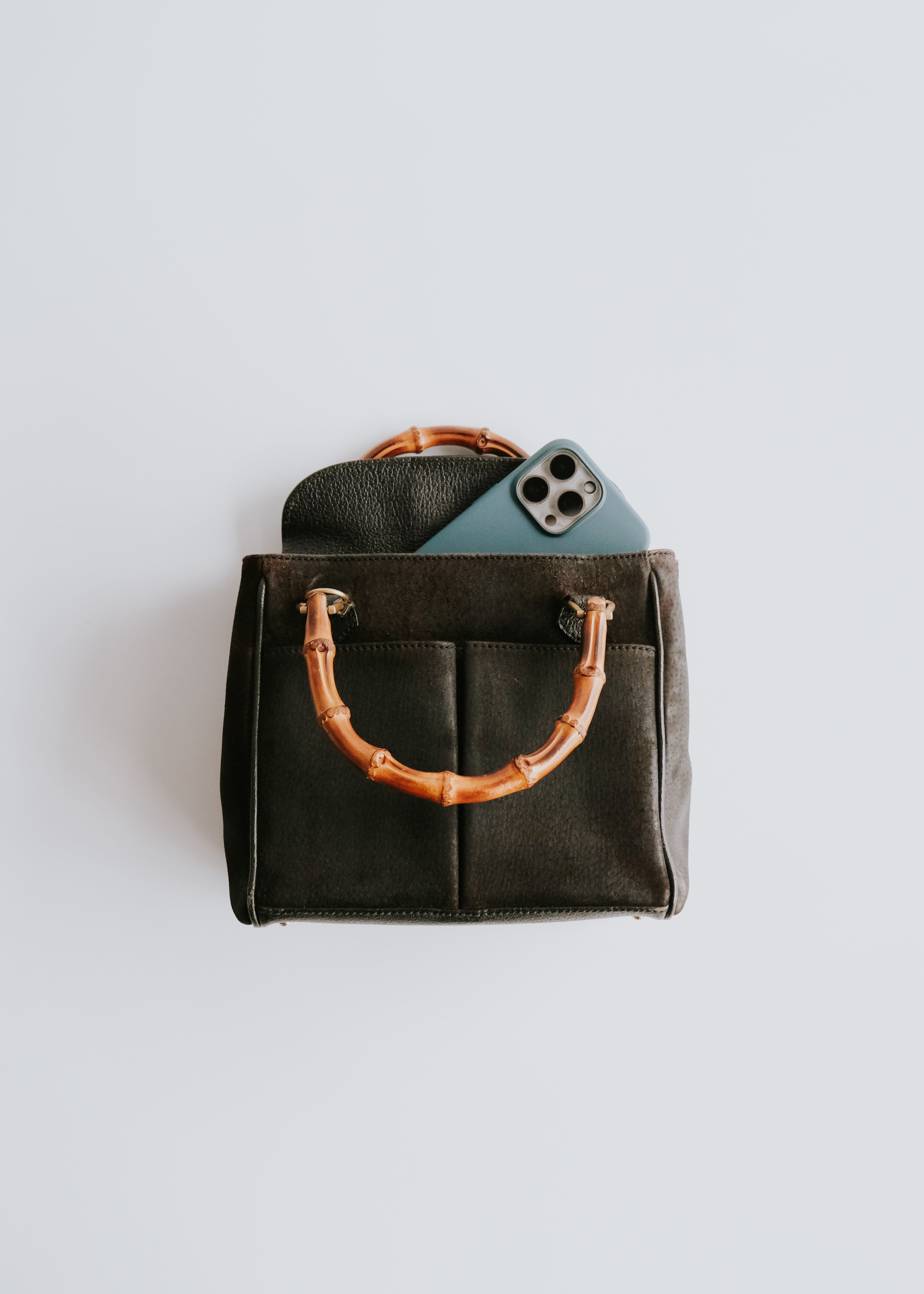 90-00's GUCCI nubuck leather hand bag with banboo handle