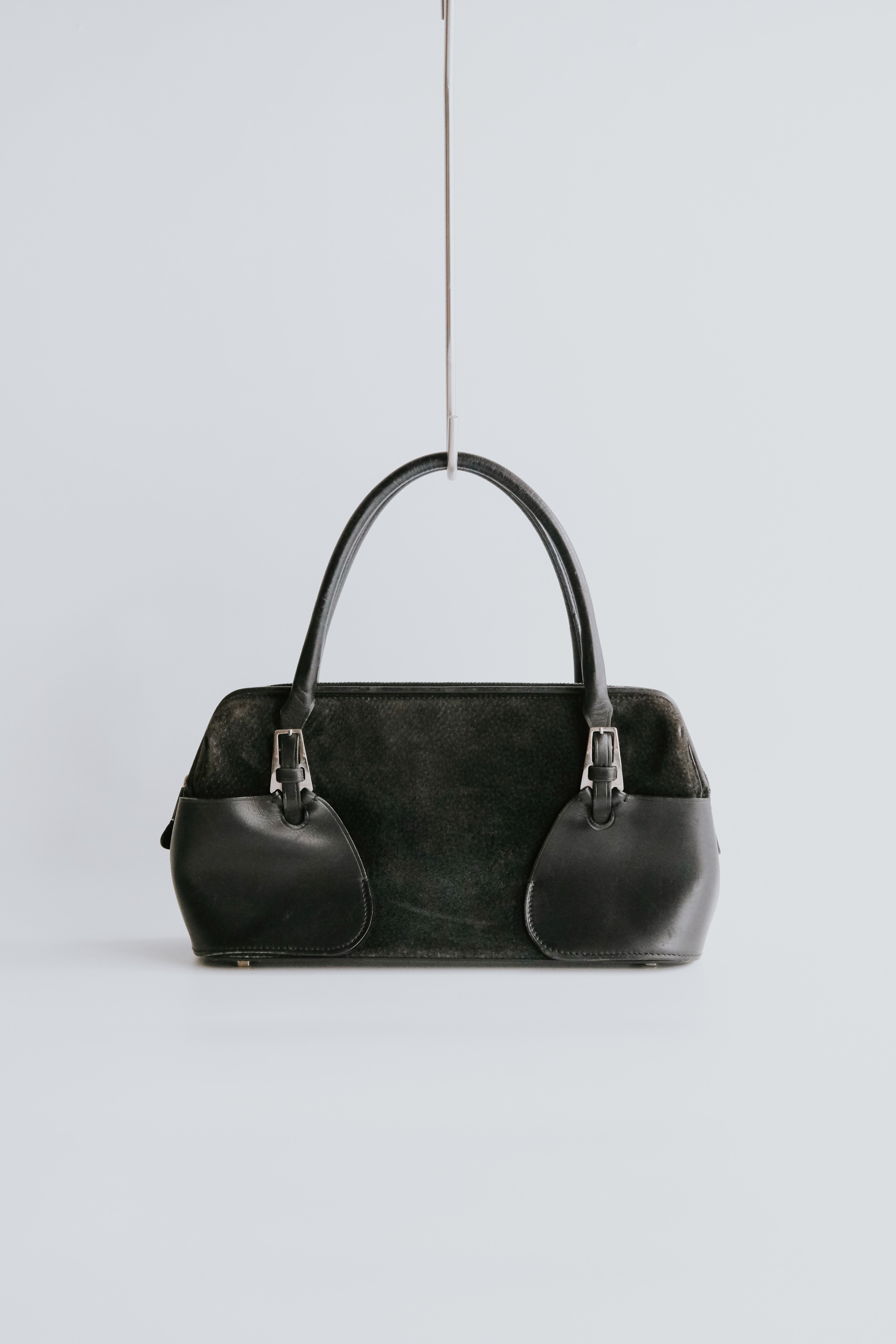 BALLY suede hand bag with leather corner patches
