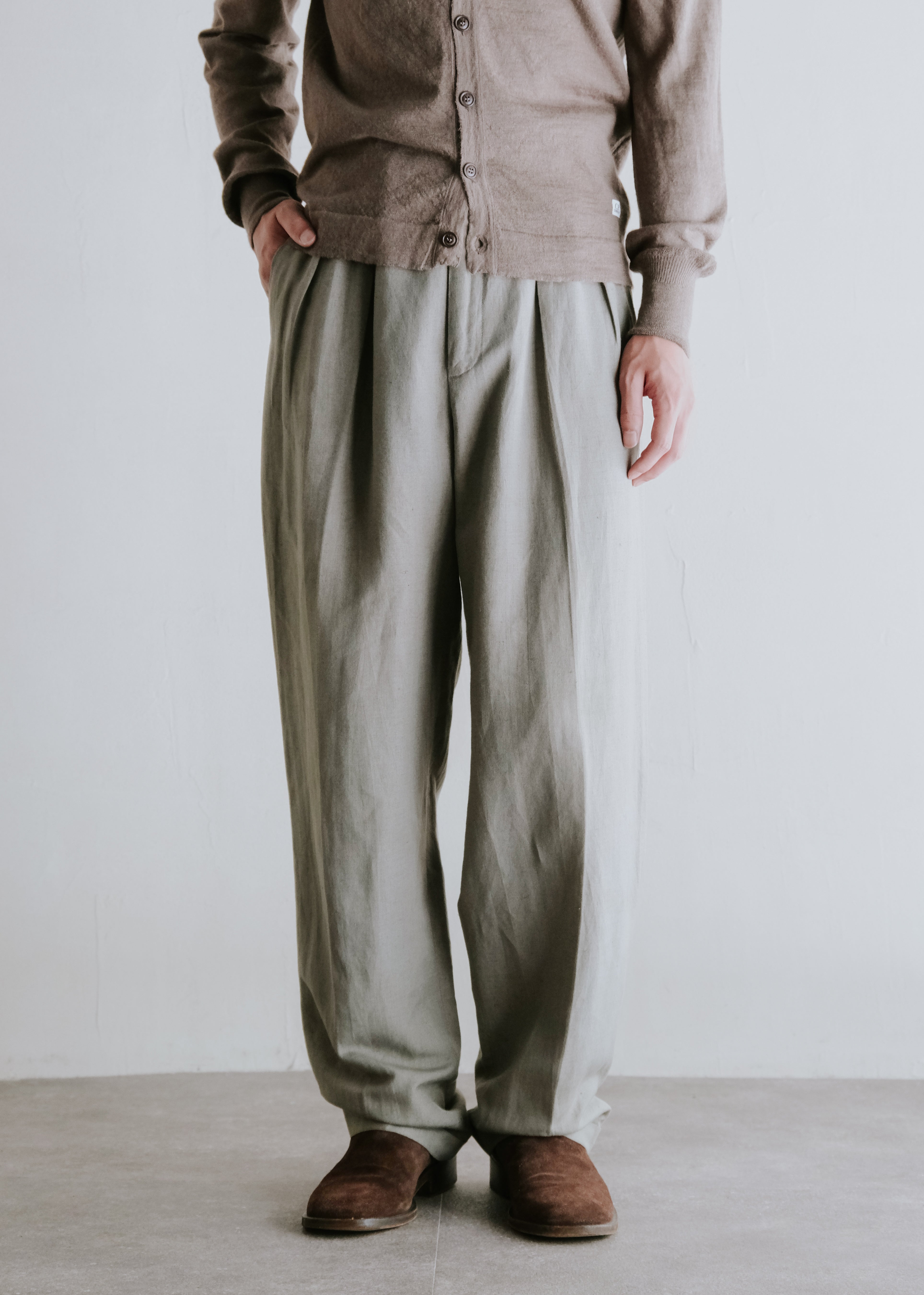 Double tucked linen rayon wide tapered slacks