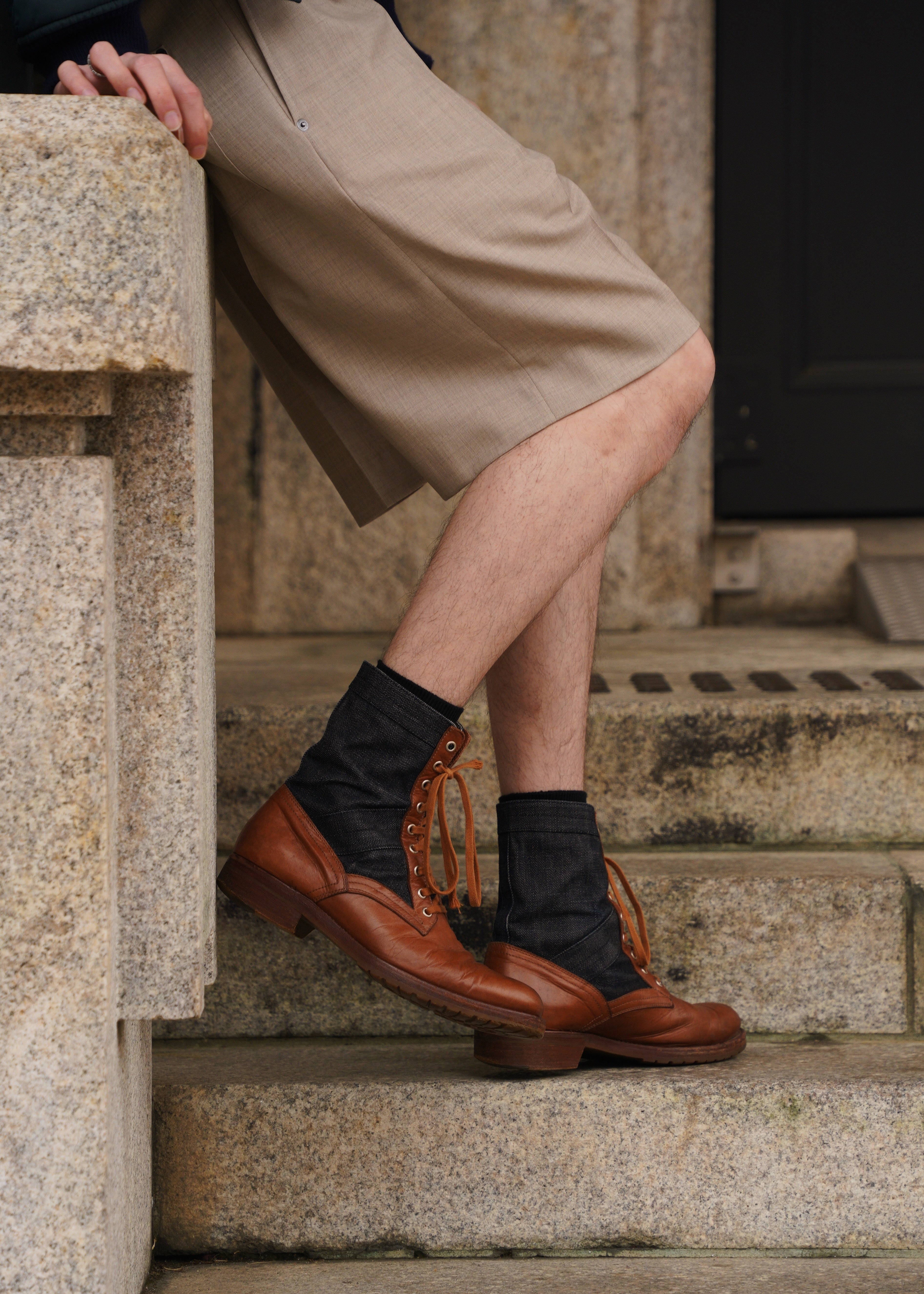 10's DRIES VAN NOTEN leather denim docking lace up boots