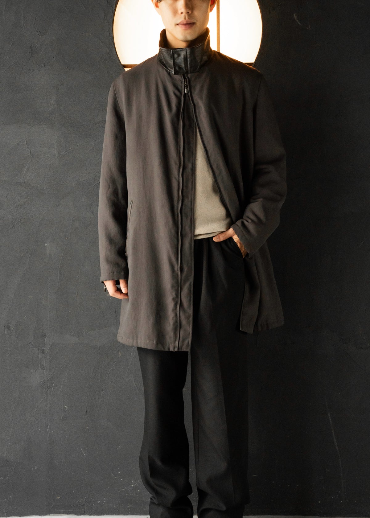 ARMANI COLLETIONI leather stand collar zip up coat