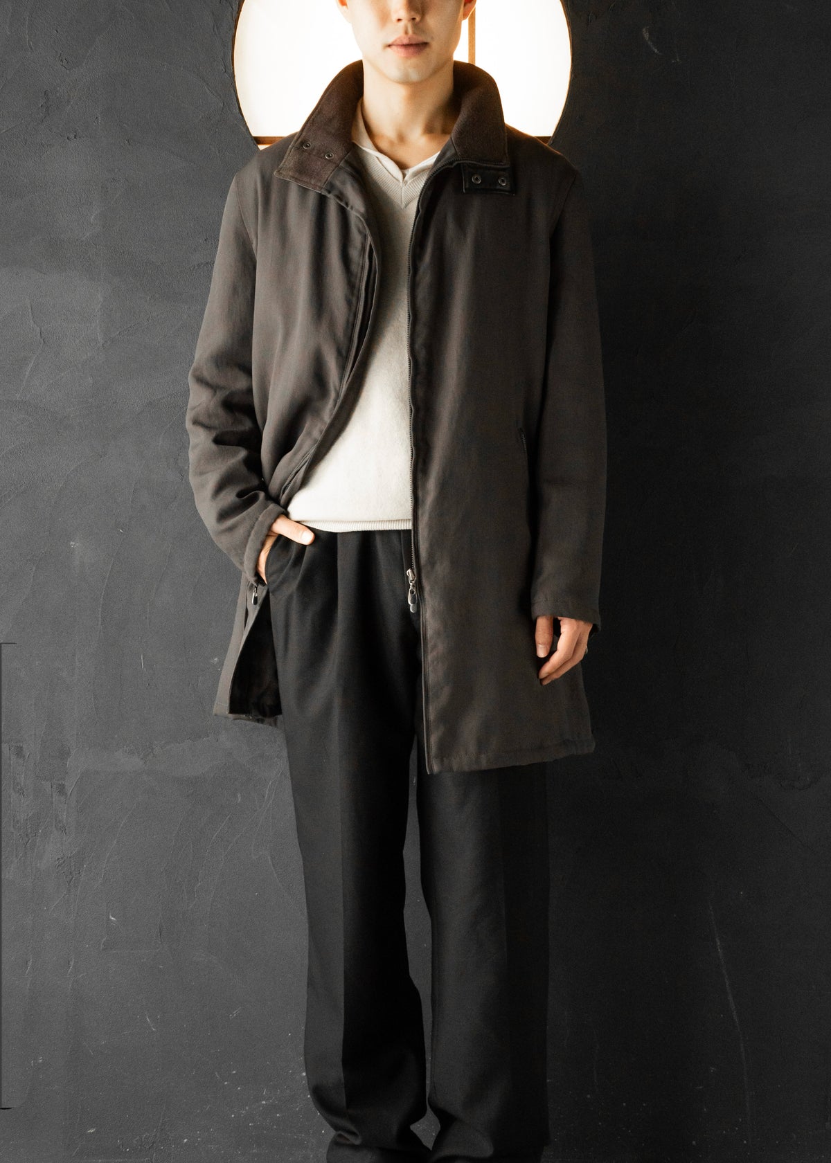 ARMANI COLLETIONI leather stand collar zip up coat