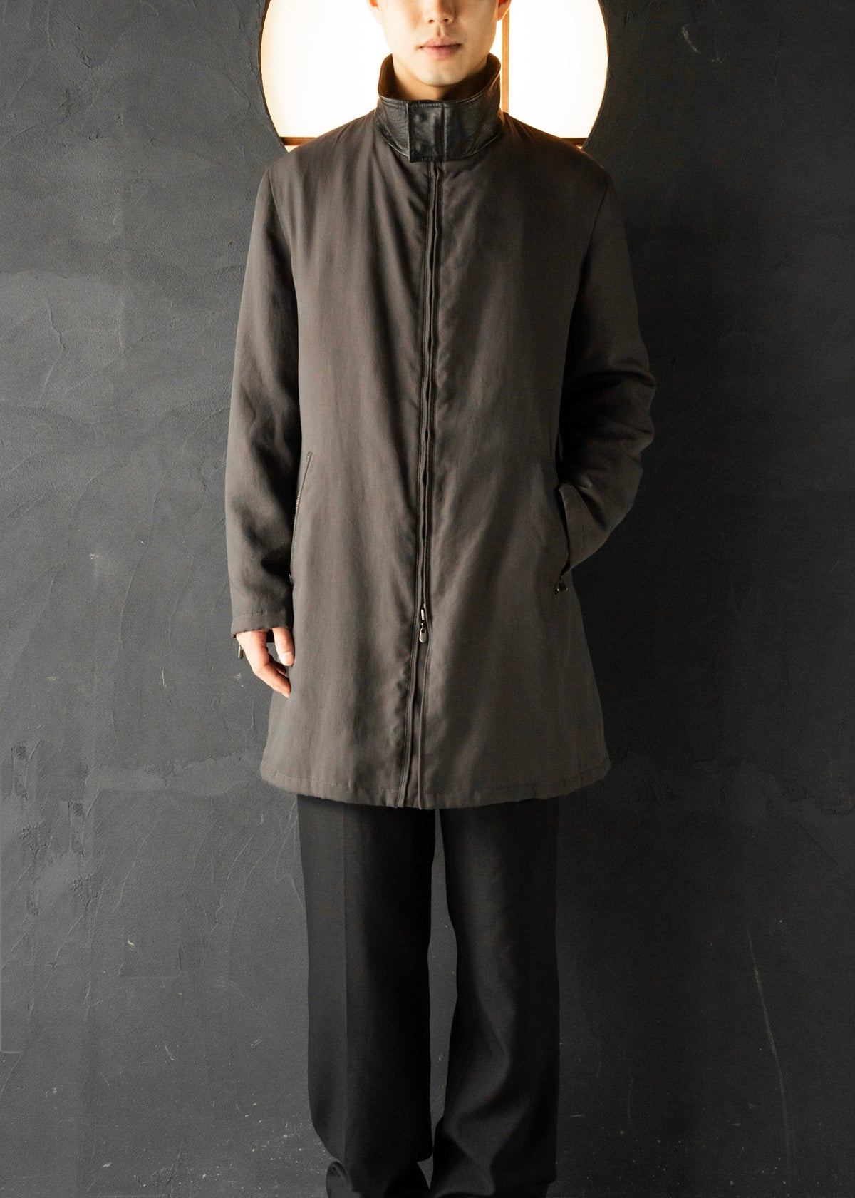 ARMANI COLLETIONI leather stand collar zip up coat